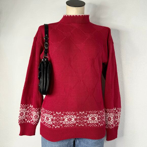 Vintage Red and White Heart Print Wintery Sweater Medium - Picture 1 of 7